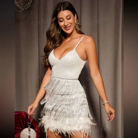 SHEIN BAE Fuzzy Trim Sequin Cami Dress - Picture 1 of 8